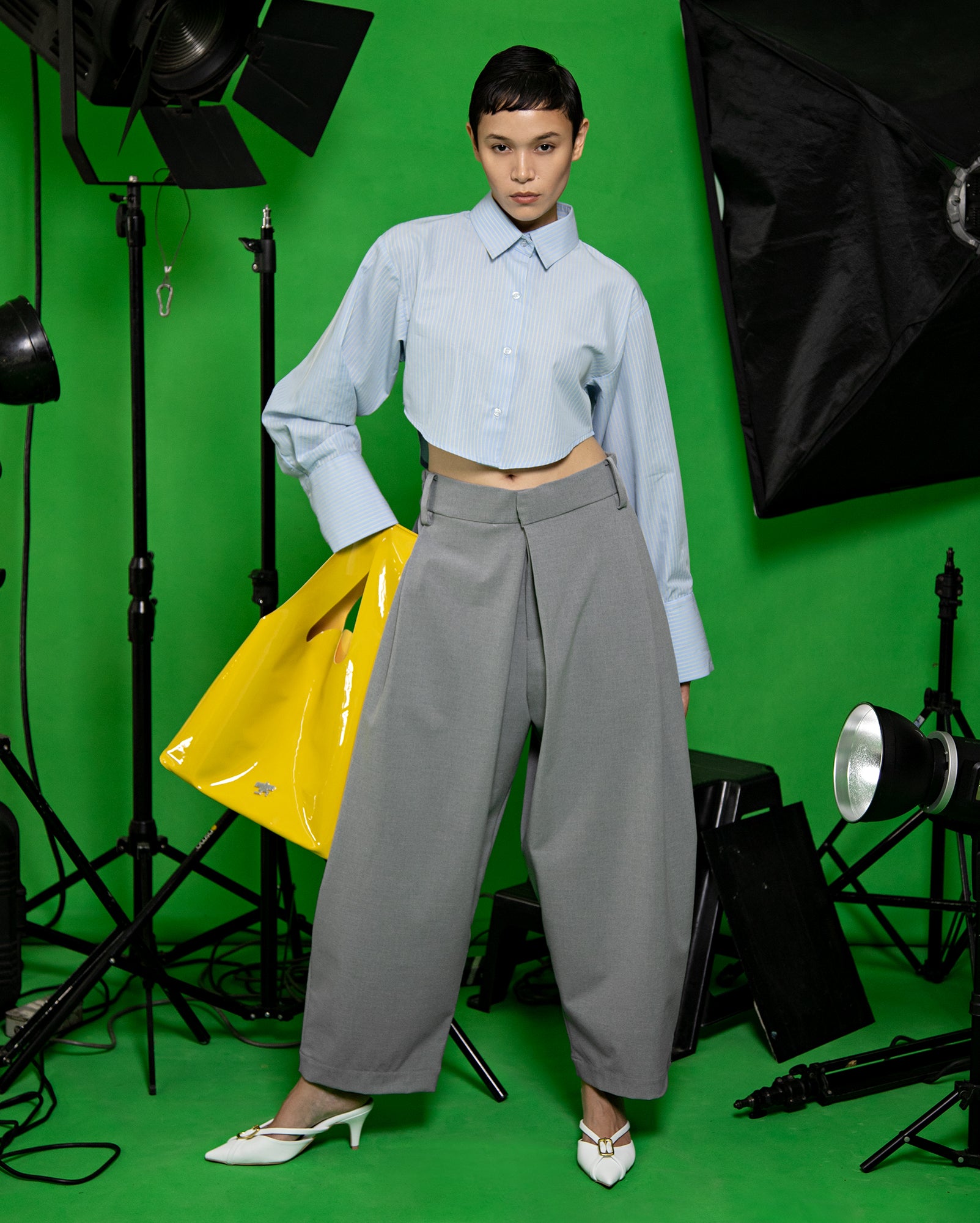 Kemeja Jalur Biru Kuning / Lobak Pants (Grey)