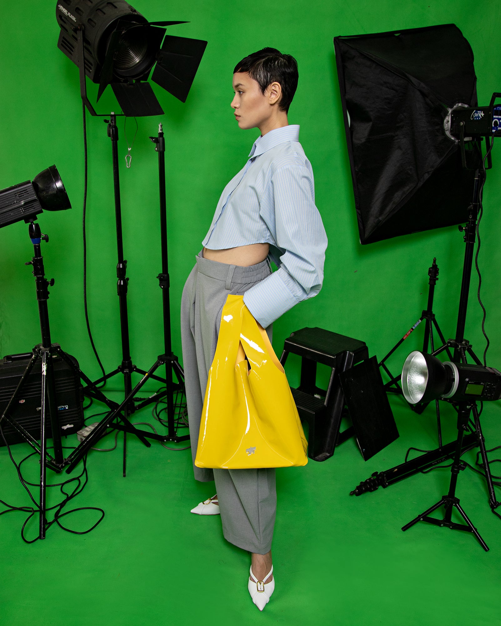 Kemeja Jalur Biru Kuning / Lobak Pants (Grey)