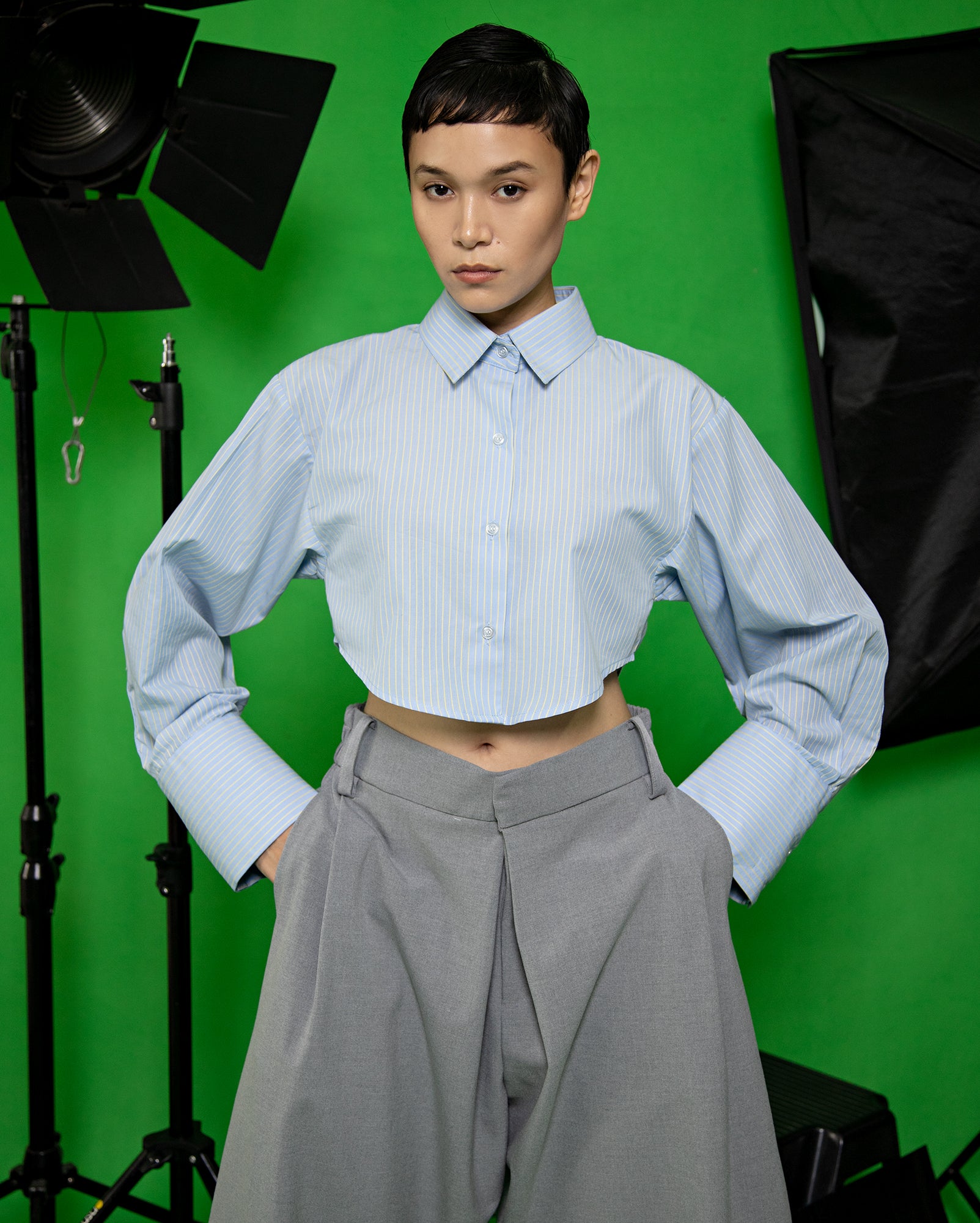 Kemeja Jalur Biru Kuning / Lobak Pants (Grey)