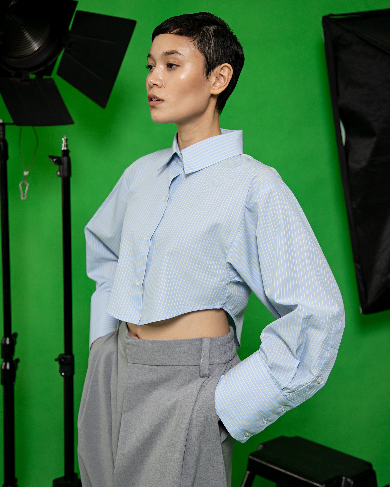 Kemeja Jalur Biru Kuning / Lobak Pants (Grey)