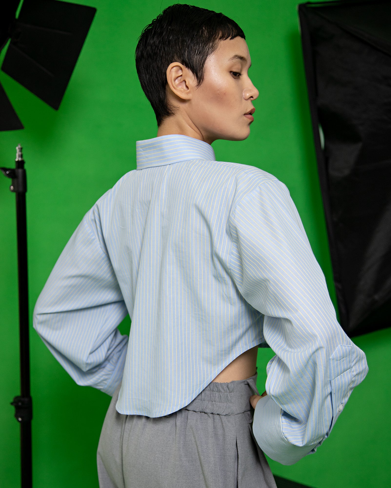 Kemeja Jalur Biru Kuning / Lobak Pants (Grey)
