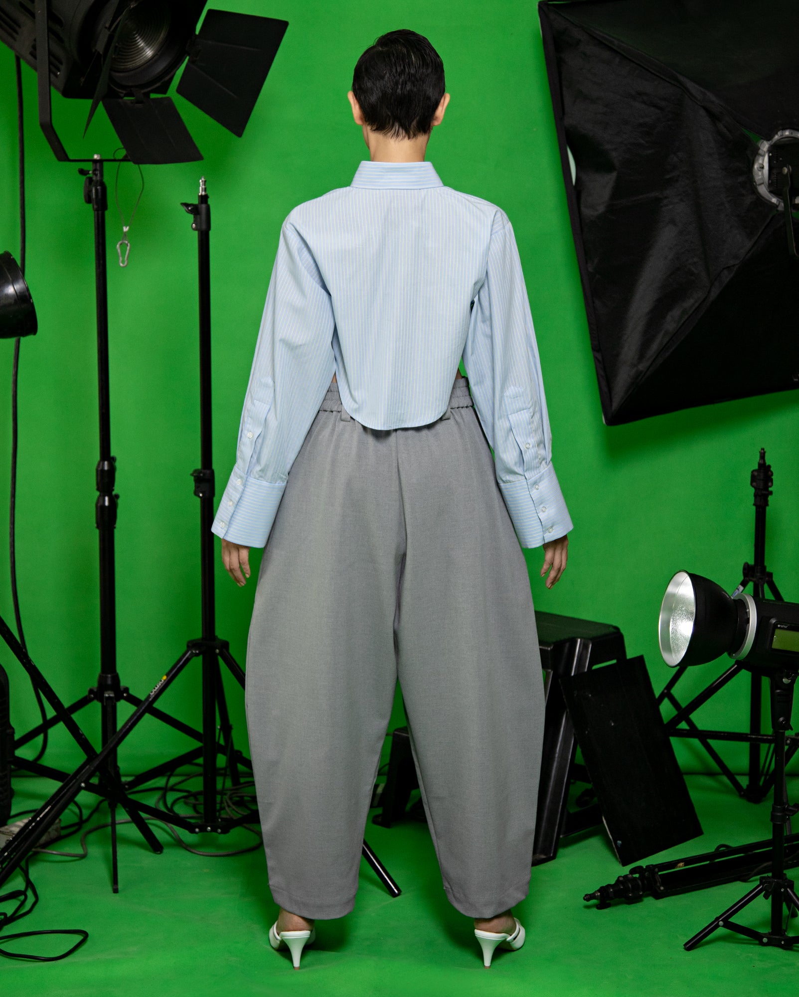 Kemeja Jalur Biru Kuning / Lobak Pants (Grey)