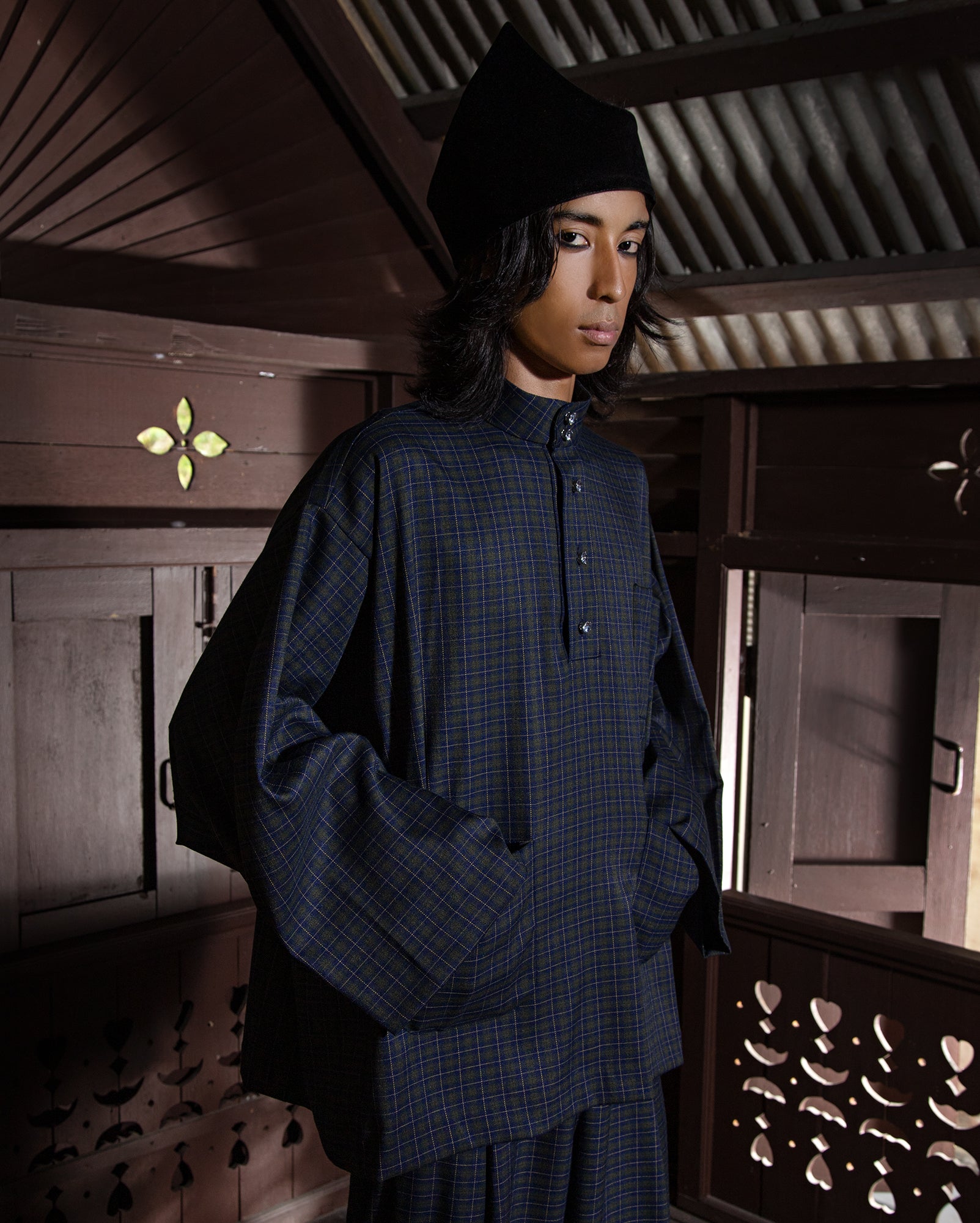 Baju Melayu Oversaiz Cekak Musang (Navy Green Plaid)