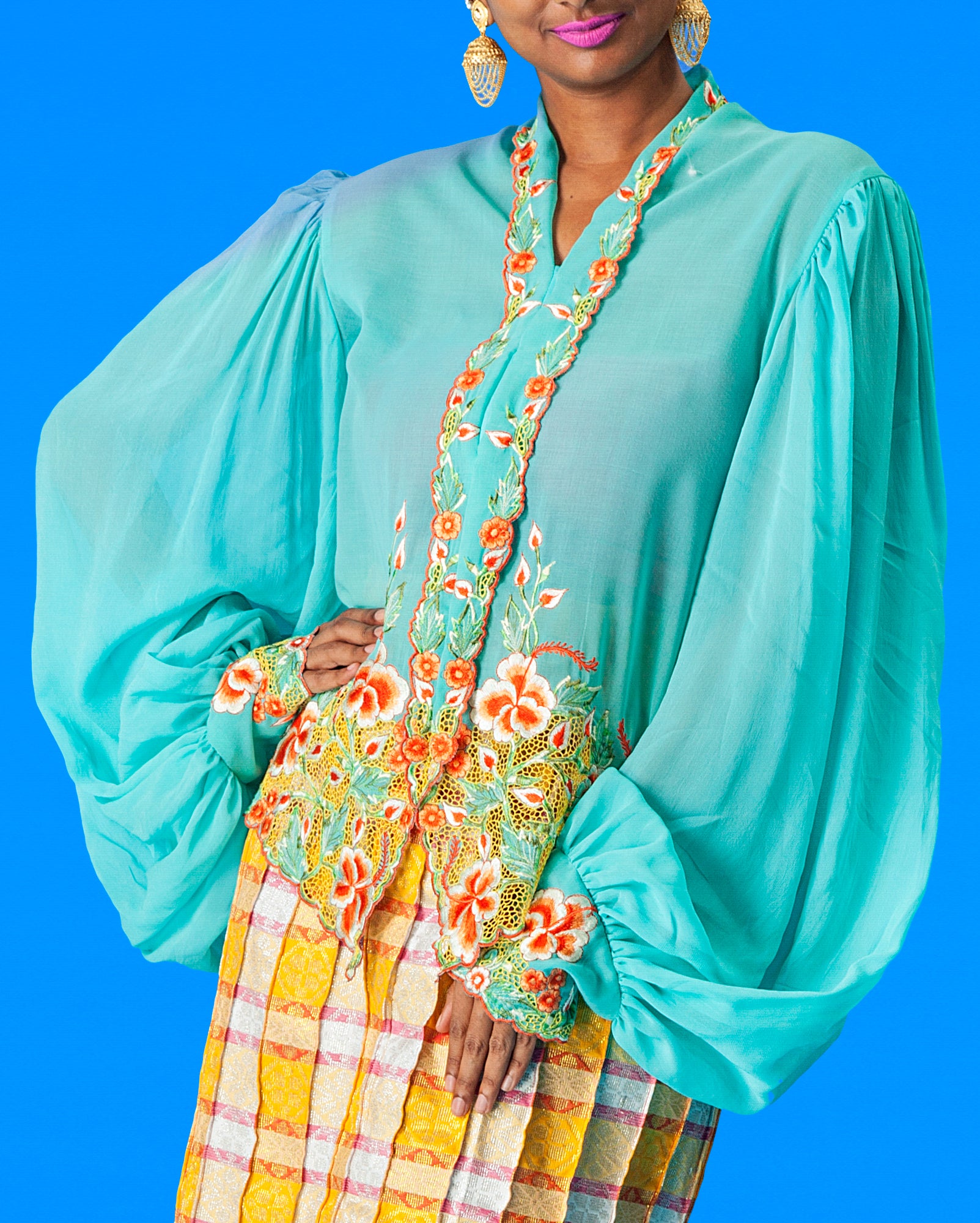 Upcycled Kebaya with Puff Sleeve (Turquoise)