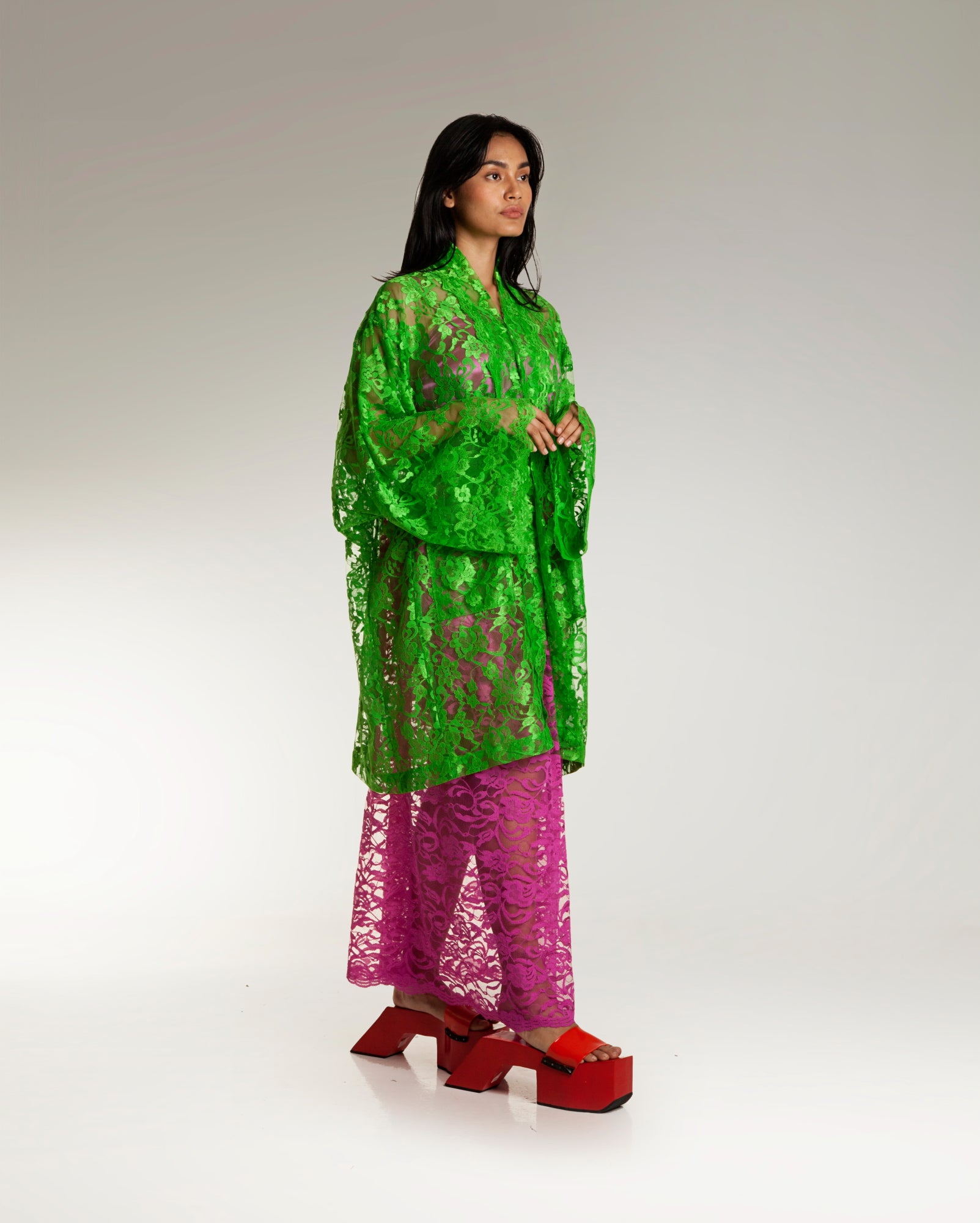 Lace Kebaya Oversaiz Set (Green Fuschia)
