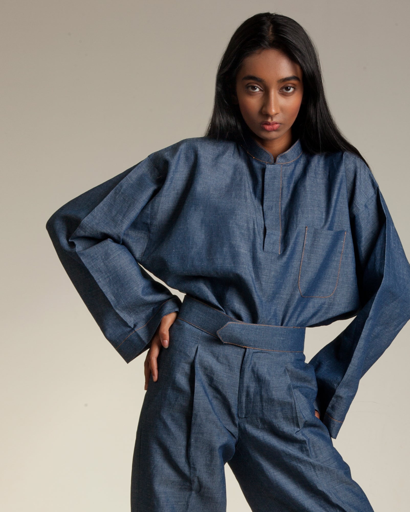 Linen Denim Baju Melayu Set (Dusty Navy)